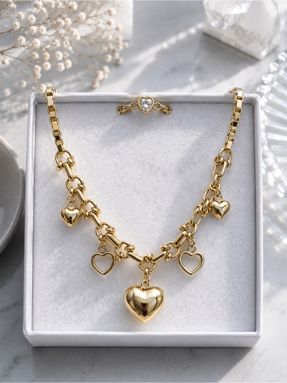 Heart Charm Gold Necklace & Ring Set - Women Jewelry